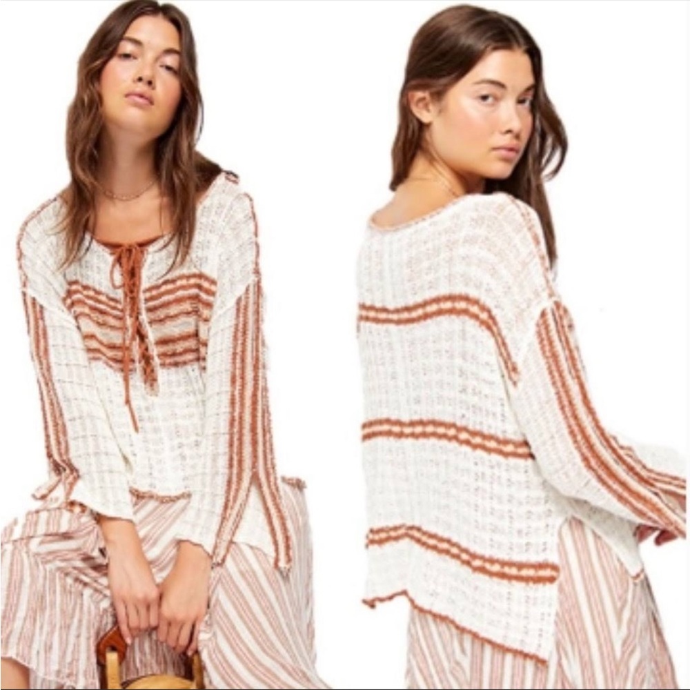 Free People Marina Bay Striped Lace Up Knit Sweater. Oversized Small. EUC